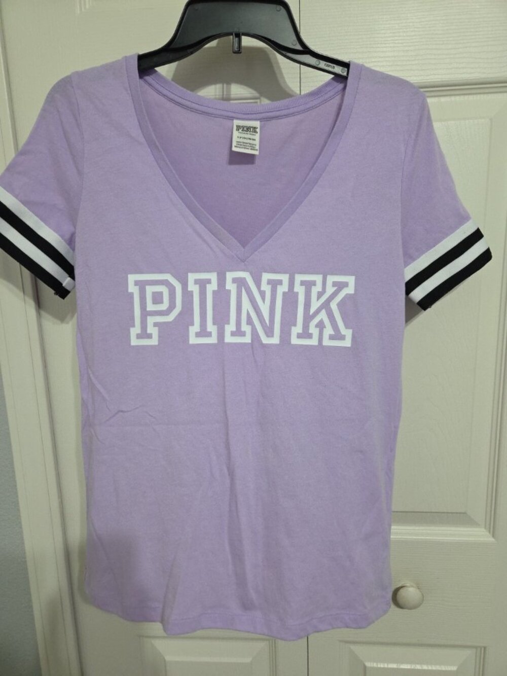 PINK by VICTORIA'S SECRET JERSEY SHIRT TOP SMALL  STRIPED SLEEVES V~NECK